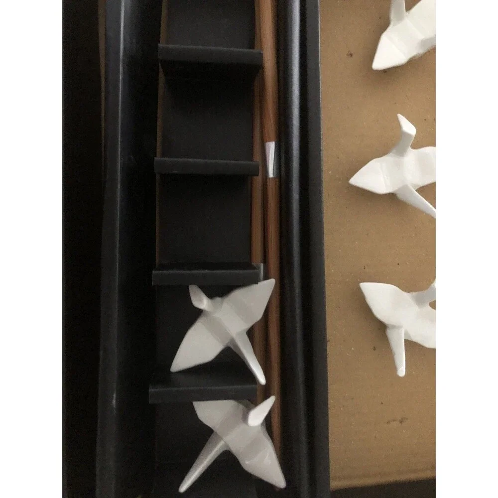 5 pair 5 piece Bamboo Chopsticks w/ White Porcelain Crane Chopsticks Rests Set